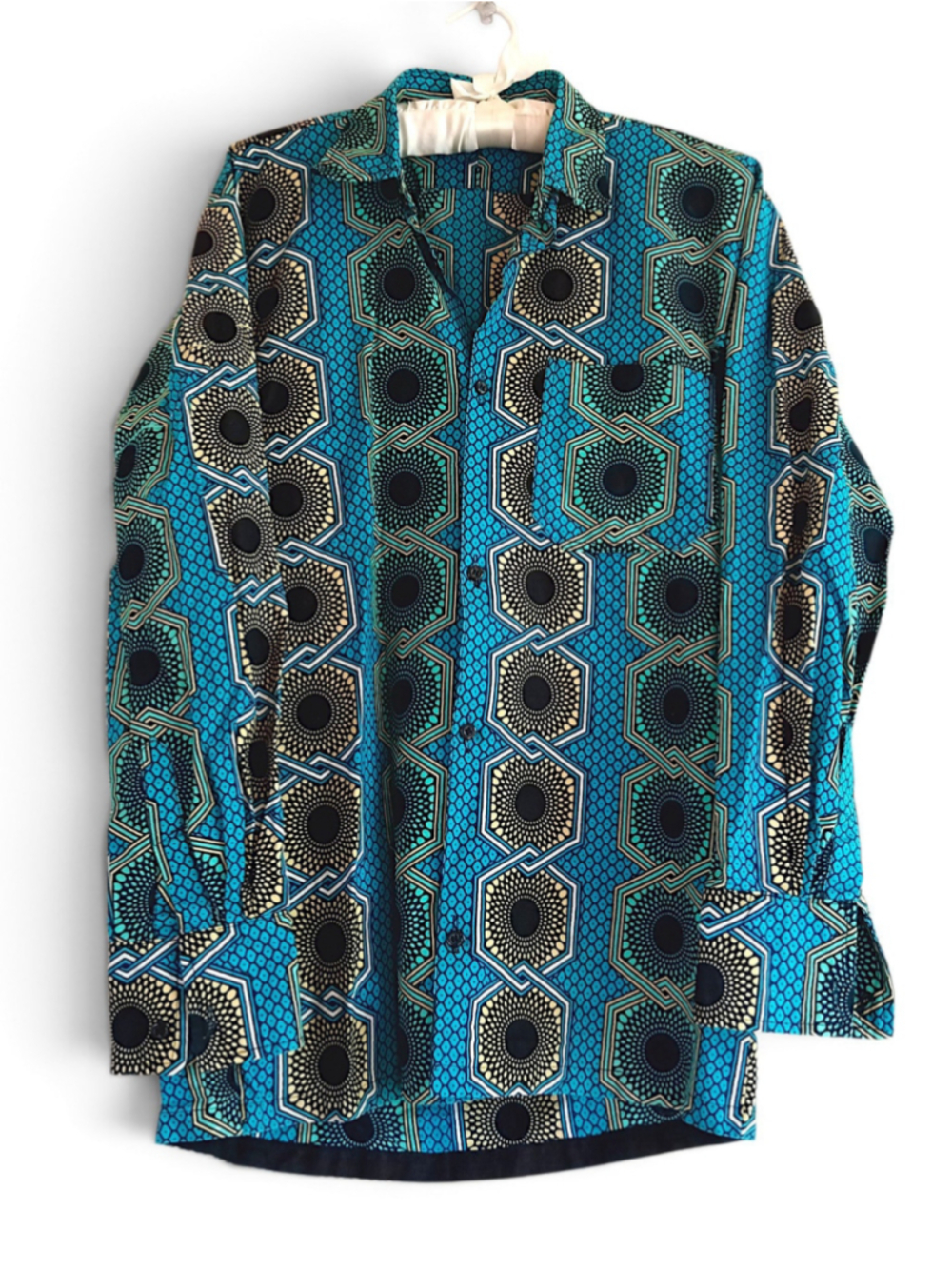 Geometric Wax Print Button Down Shirt Turquoise blue tribal starburst colorful